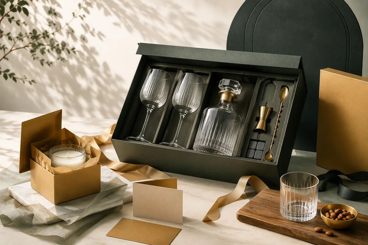 Corporate executive gift set box with decanter and accessories