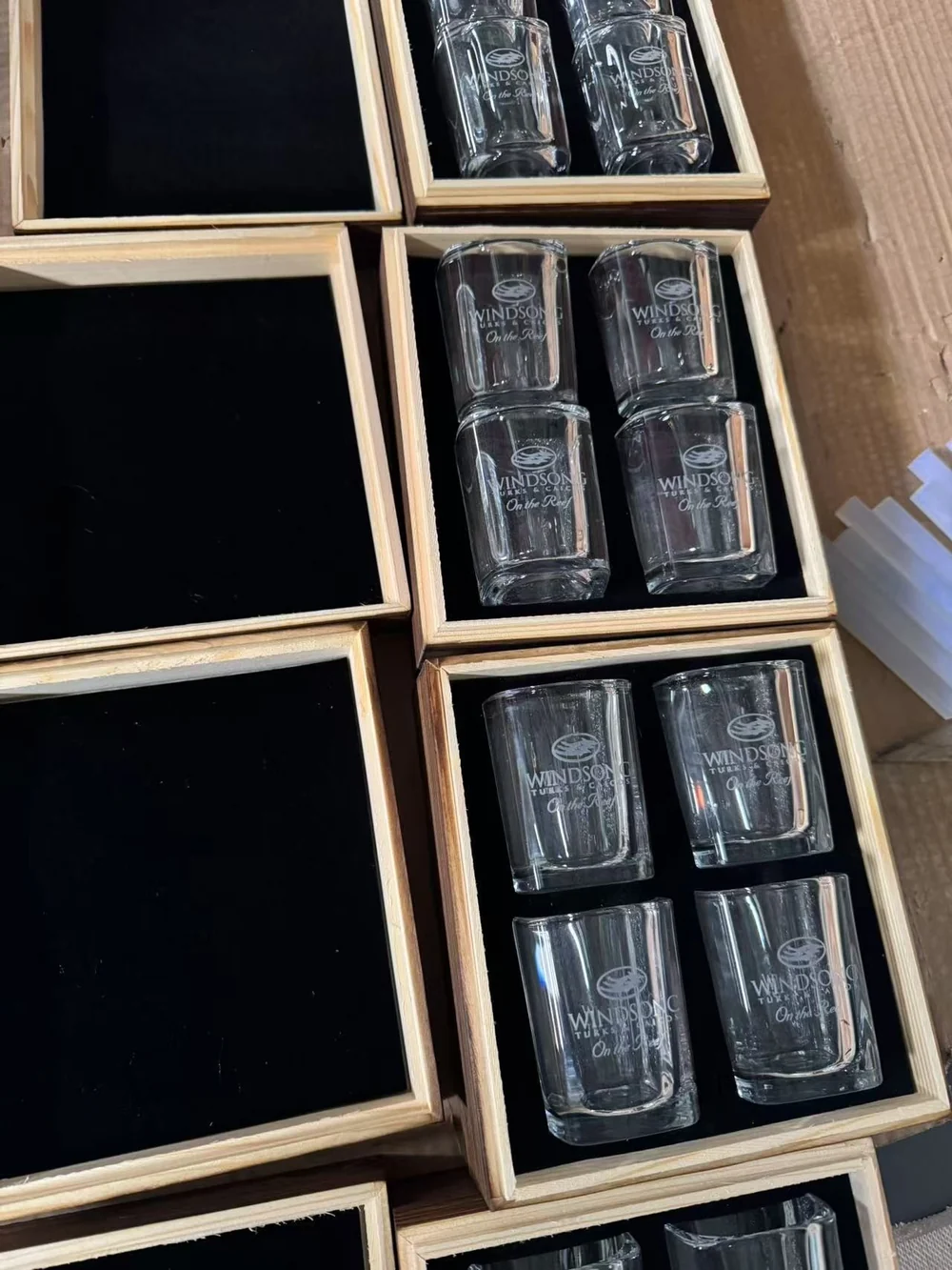 Windsong Resort Turks and Caicos custom laser-engraved 4-shot glass sets in natural wooden boxes