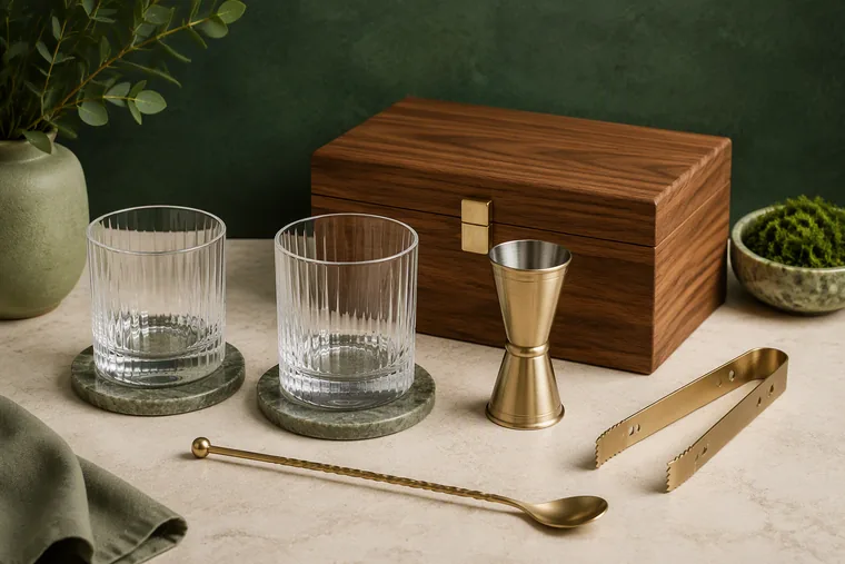 Barware gift set with glasses, jigger, tongs, spoon and wooden box