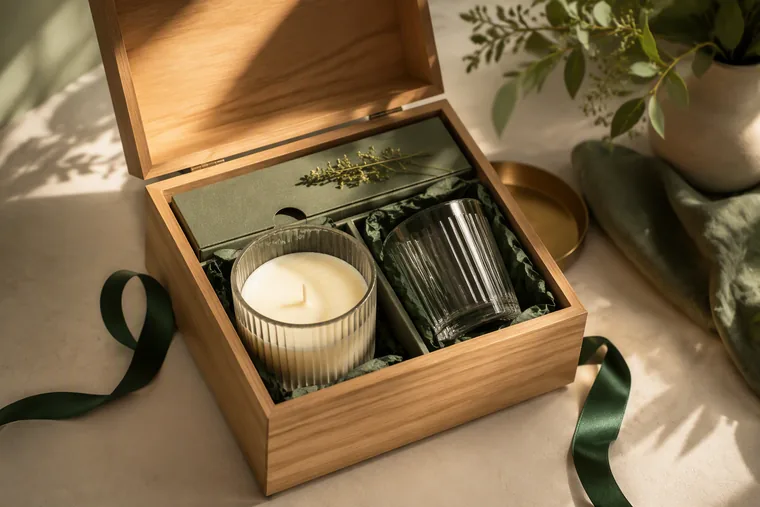 Wooden candle gift box with a candle cup, glassware and green ribbon