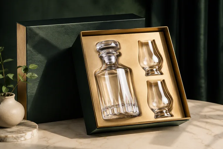 Crystal decanter gift set with matching glasses in a structured presentation box