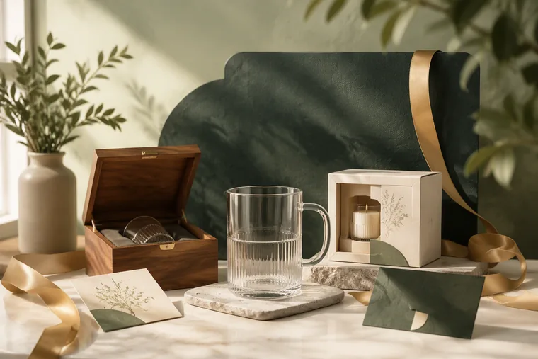 Home and corporate gift scene with glassware, wooden box, candle gift box and cards
