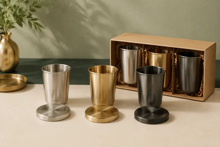 Stainless steel cups and matching lids arranged in a gift box