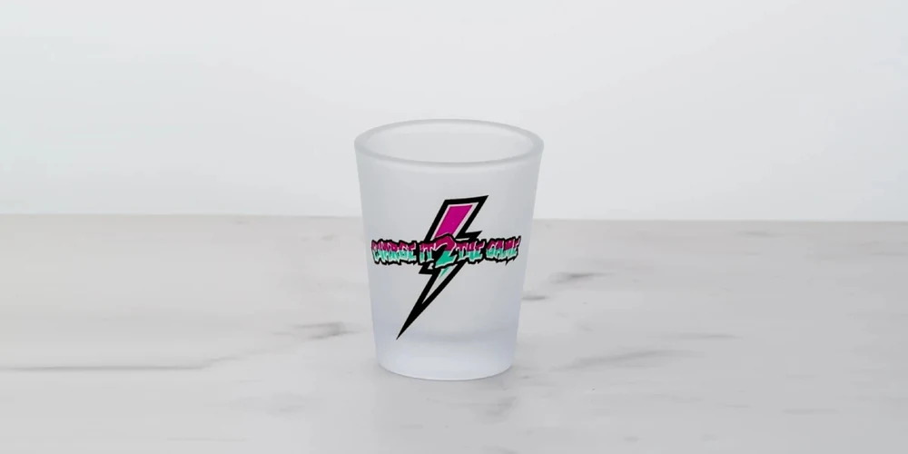 Frosted matte acid-etched shot glass combined with vivid full color neon graphic decal
