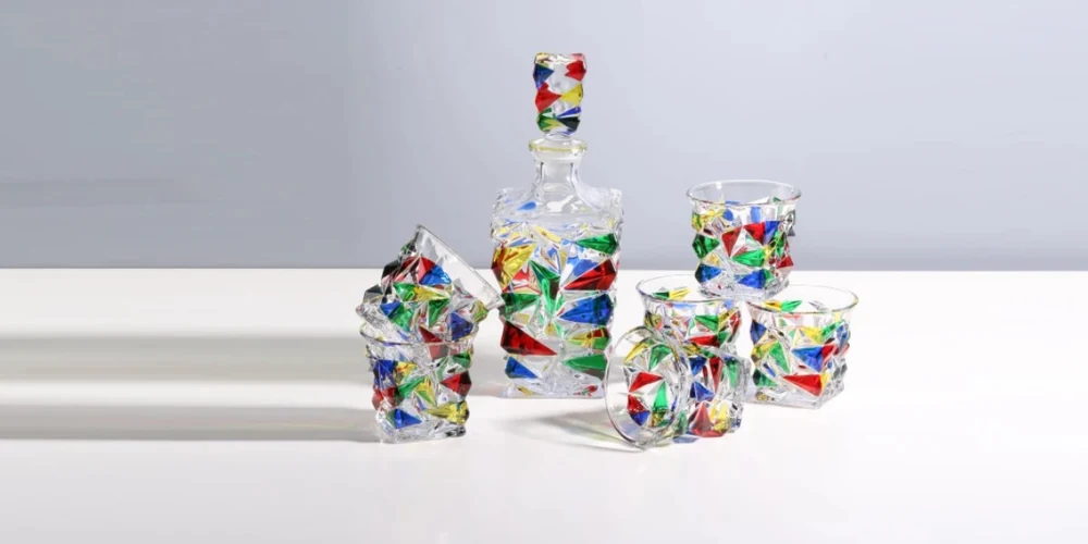 Artisanal hand-painted geometric multi-color mosaic crystal decanter and 6 glasses set