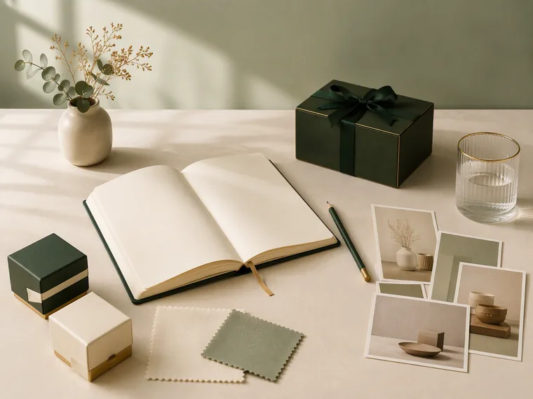 Notebook and drinkware for sharing a gift brief