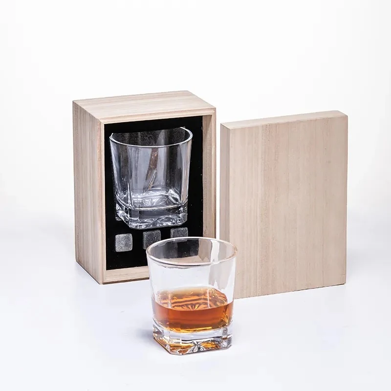 XZM008-A Single Whiskey Glass and Three Granite Stones Gift Box in Natural Paulownia Wood