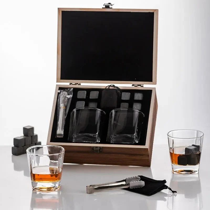 XZM015 Two-Glass and Eight Basalt Whiskey Stones Accessory Set in Burnt Pine Presentation Box