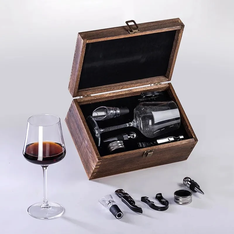 XZM107-A Single Stemmed Wine Glass and Five Wine Accessories Gift Set in Carbonized Wood Box