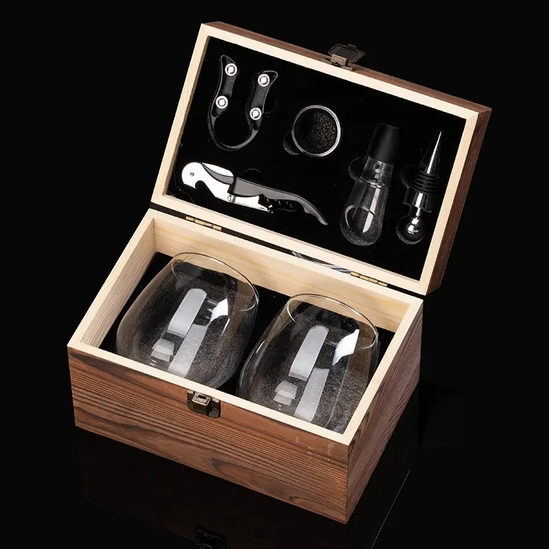 XZM063-A Two-Glass Whiskey and Wine Tool Accessory Gift Set in Burnt Pine Wood Box
