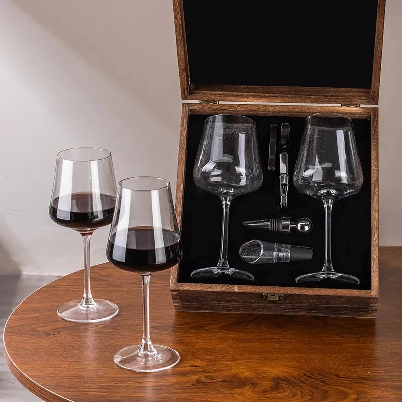 XZM108-B Two Burgundy Glasses and Four Wine Accessories Set in Burnt Paulownia Presentation Box