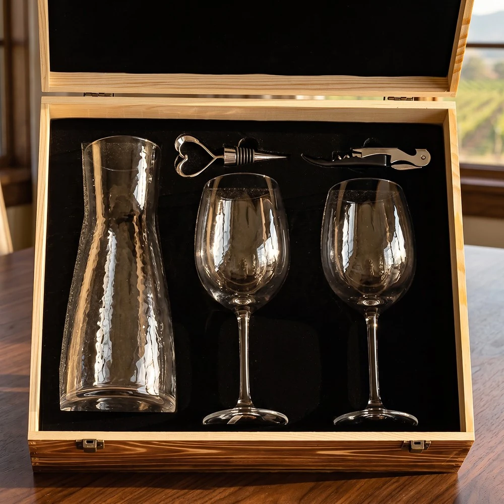 XZM006-1 Wine Decanter and Two Stemmed Glasses Presentation Gift Set with Heart Stopper in Wooden Box