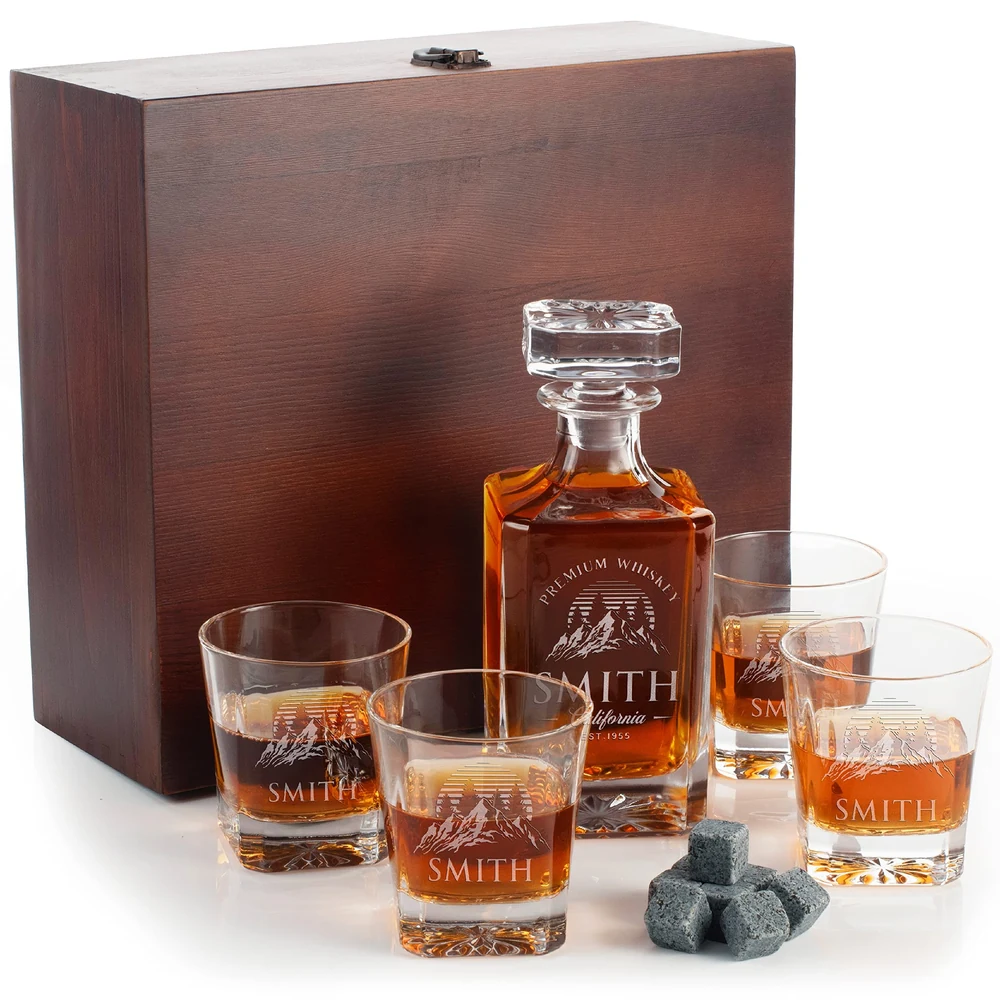 XZM042 Executive Decanter and Four Whiskey Glasses in Dark Walnut Wooden Chest with Laser Engraving