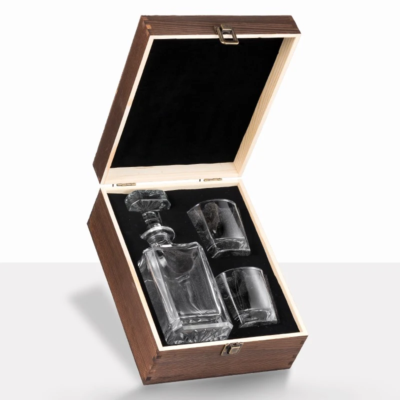 XZM043 Compact Decanter Two-Glass Wooden Gift Set with Natural Granite Stones