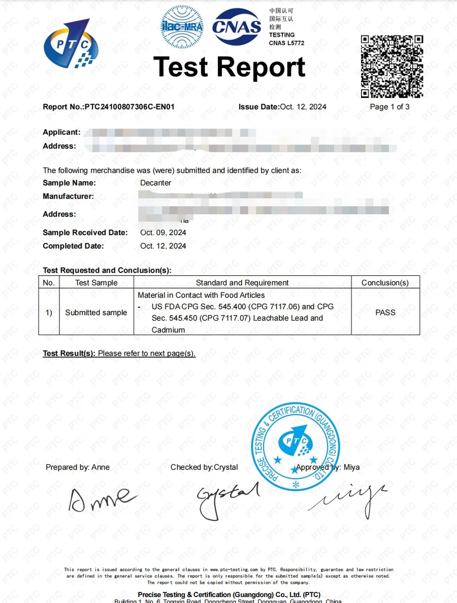 PTC CNAS Test Report for Crystal Decanter US FDA Food Contact Compliance
