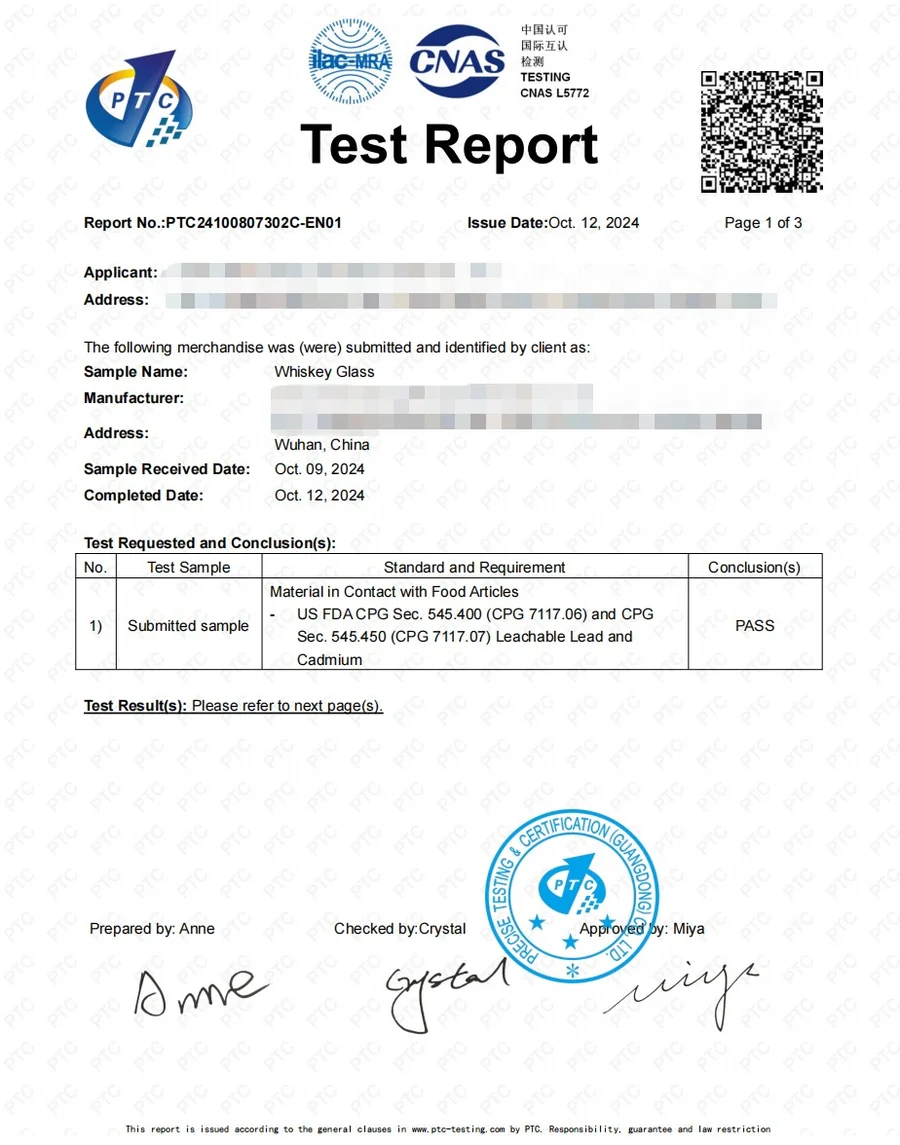 PTC CNAS Test Report for Whiskey Glass complying with US FDA CPG Sec 545.400 Lead and Cadmium Free