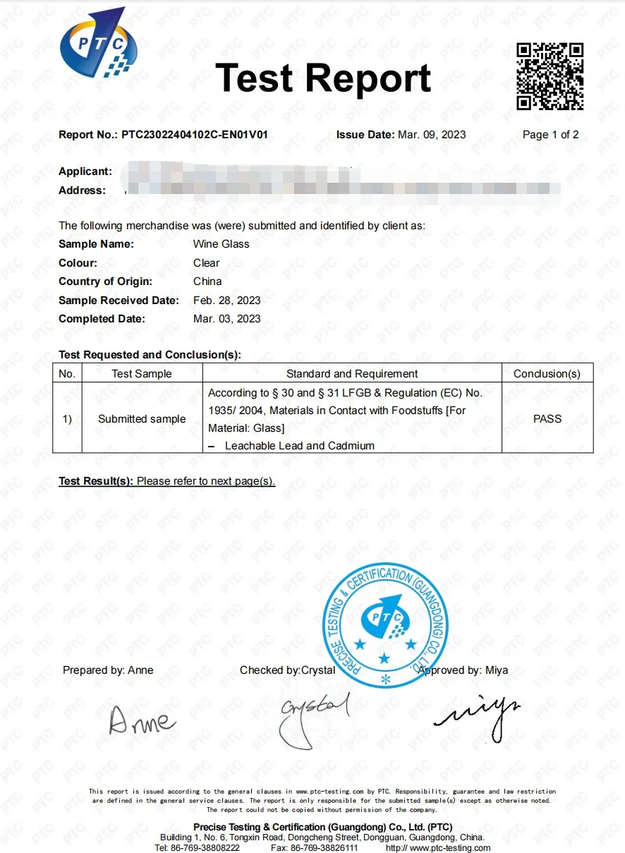 PTC Test Report for Wine Glass complying with German LFGB Section 30 and 31 and EC 1935 2004