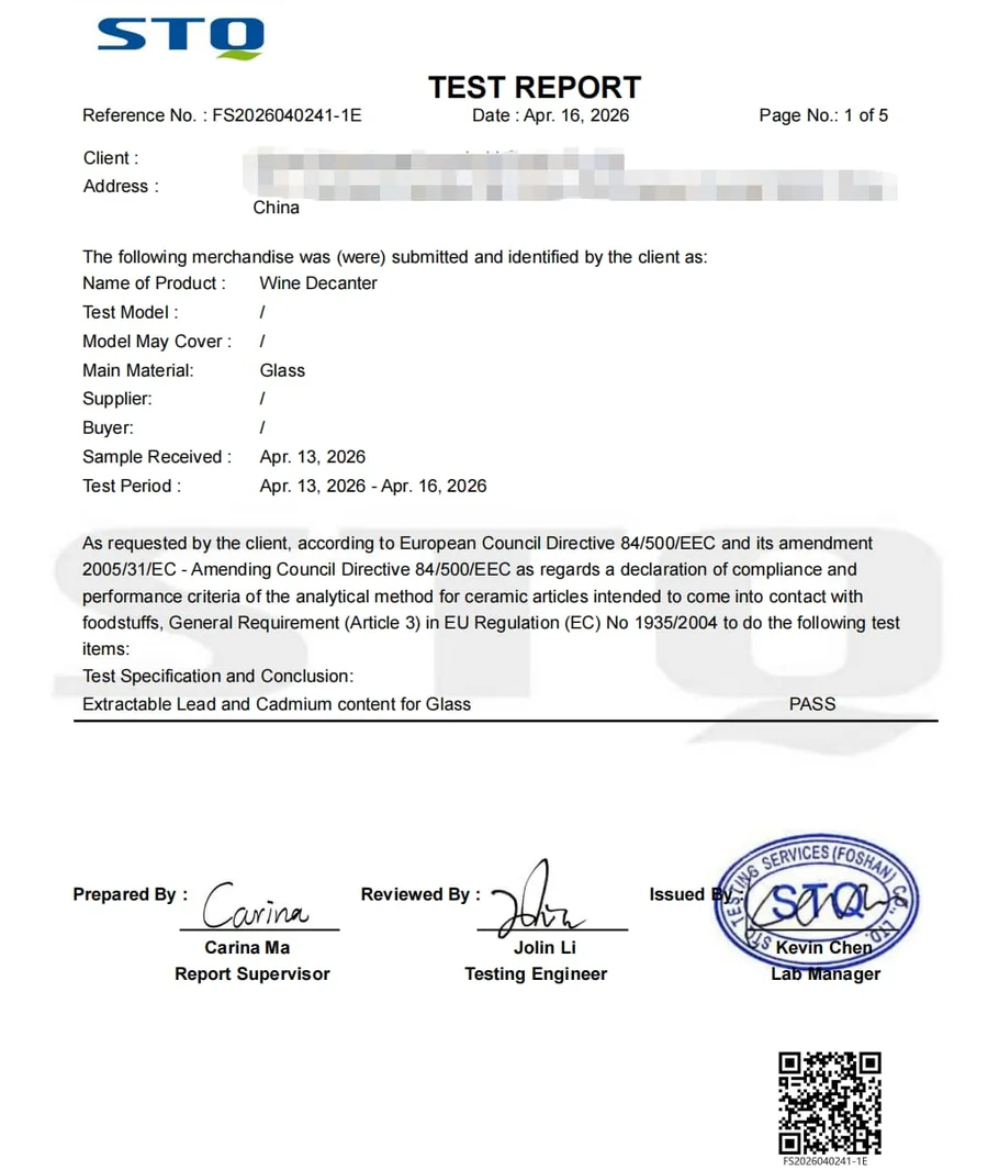 STQ Test Report for Wine Decanter complying with EU Directive 84 500 EEC and EC 1935 2004