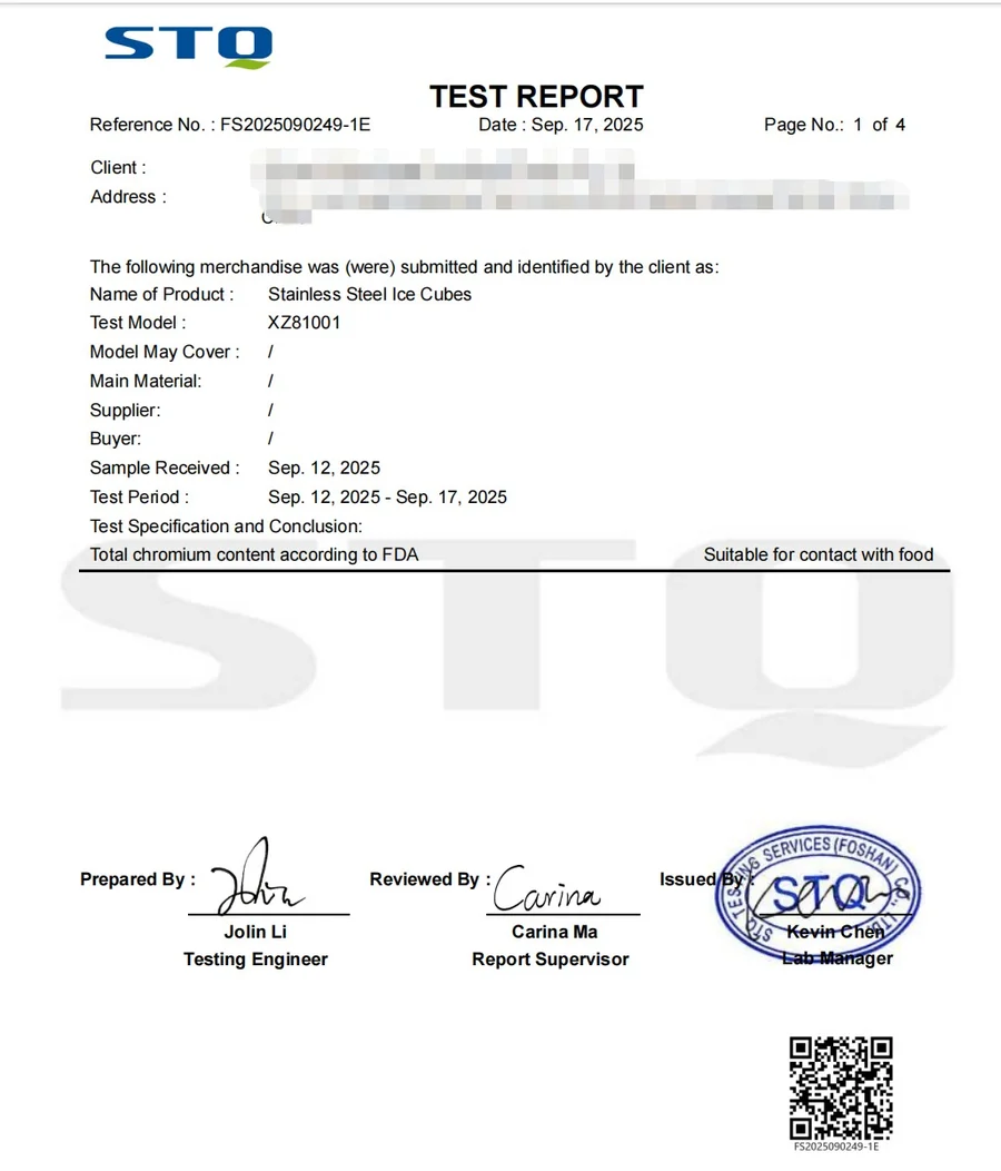 STQ Test Report for Stainless Steel Ice Cubes Chilling Stones FDA Chromium Content
