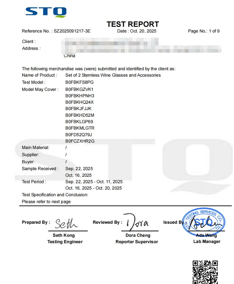 STQ Test Report for Stemless Wine Glasses and Accessories Gift Set